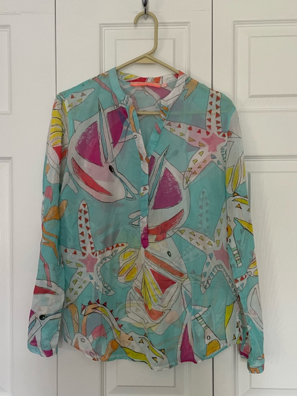 Vilagallo Sheer Sea Life Print Button-Down Shirt in Aqua, Pink, Yellow 42